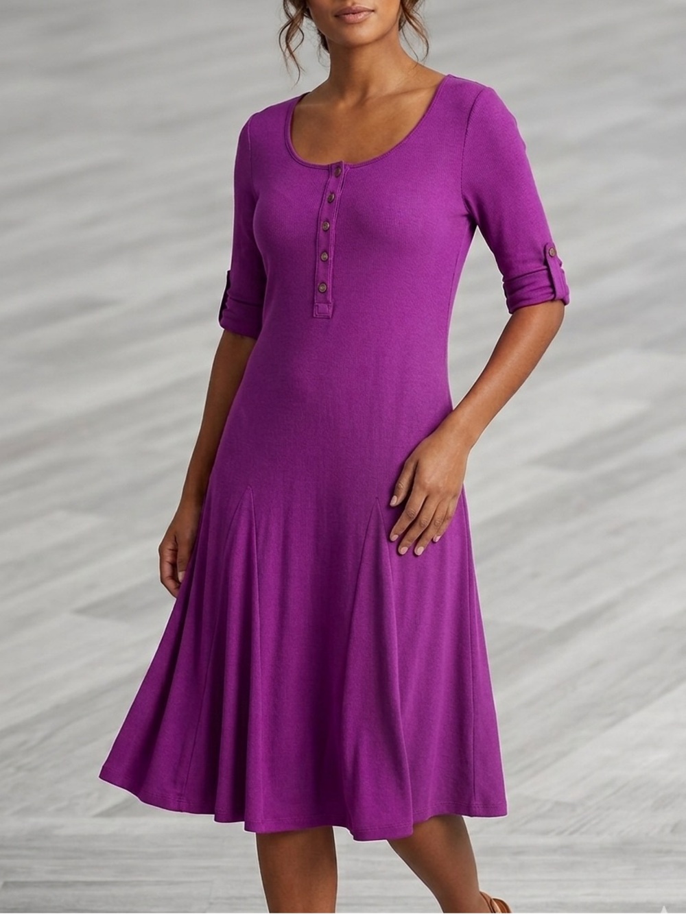 Lauren Ralph Lauren Purple Ribbed Cotton Sheath‎ Fit & Flare Midi Dress Size M